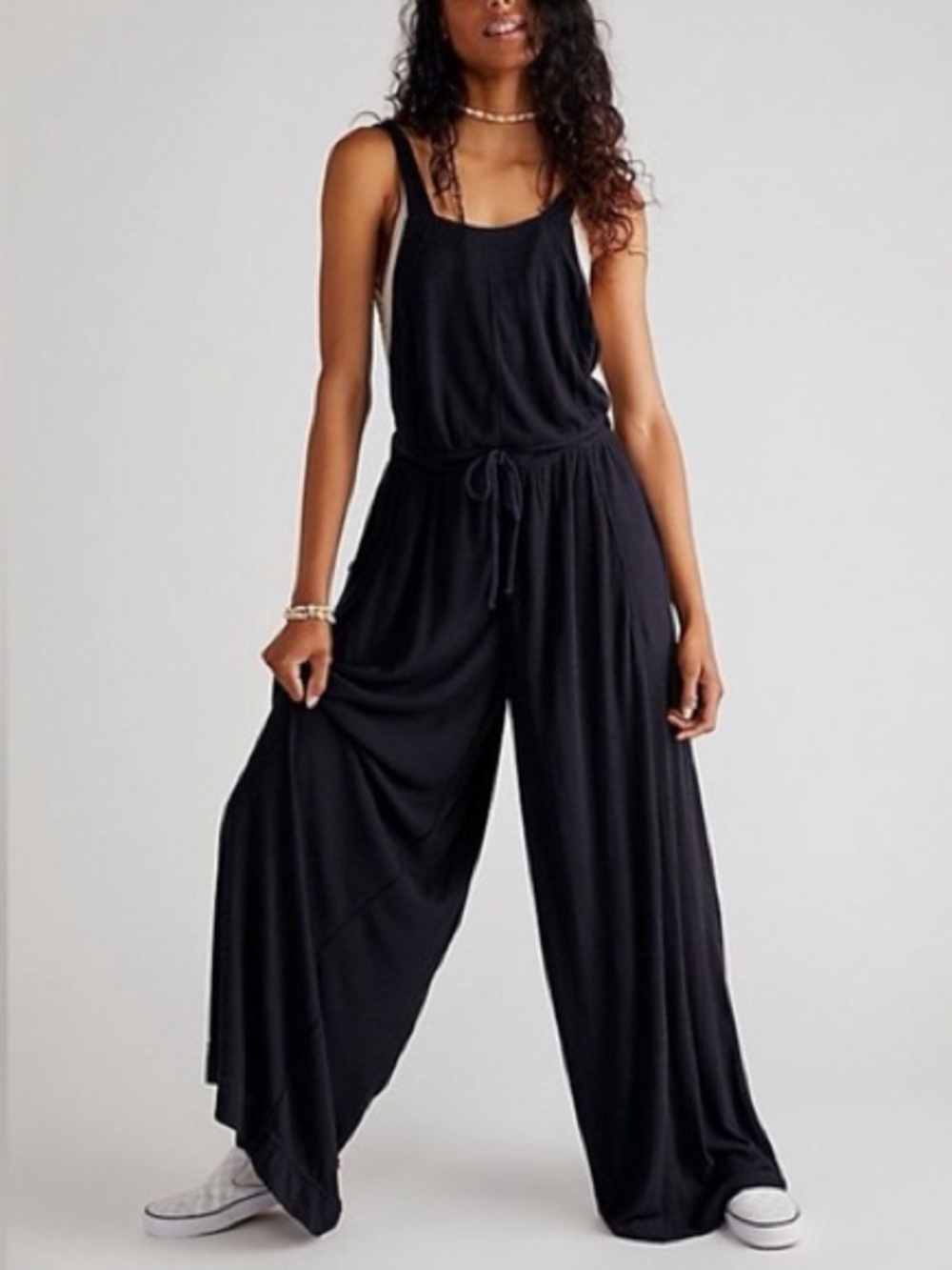 Free people Beach wide leg waist tie black linen blend jumpsuit one piece